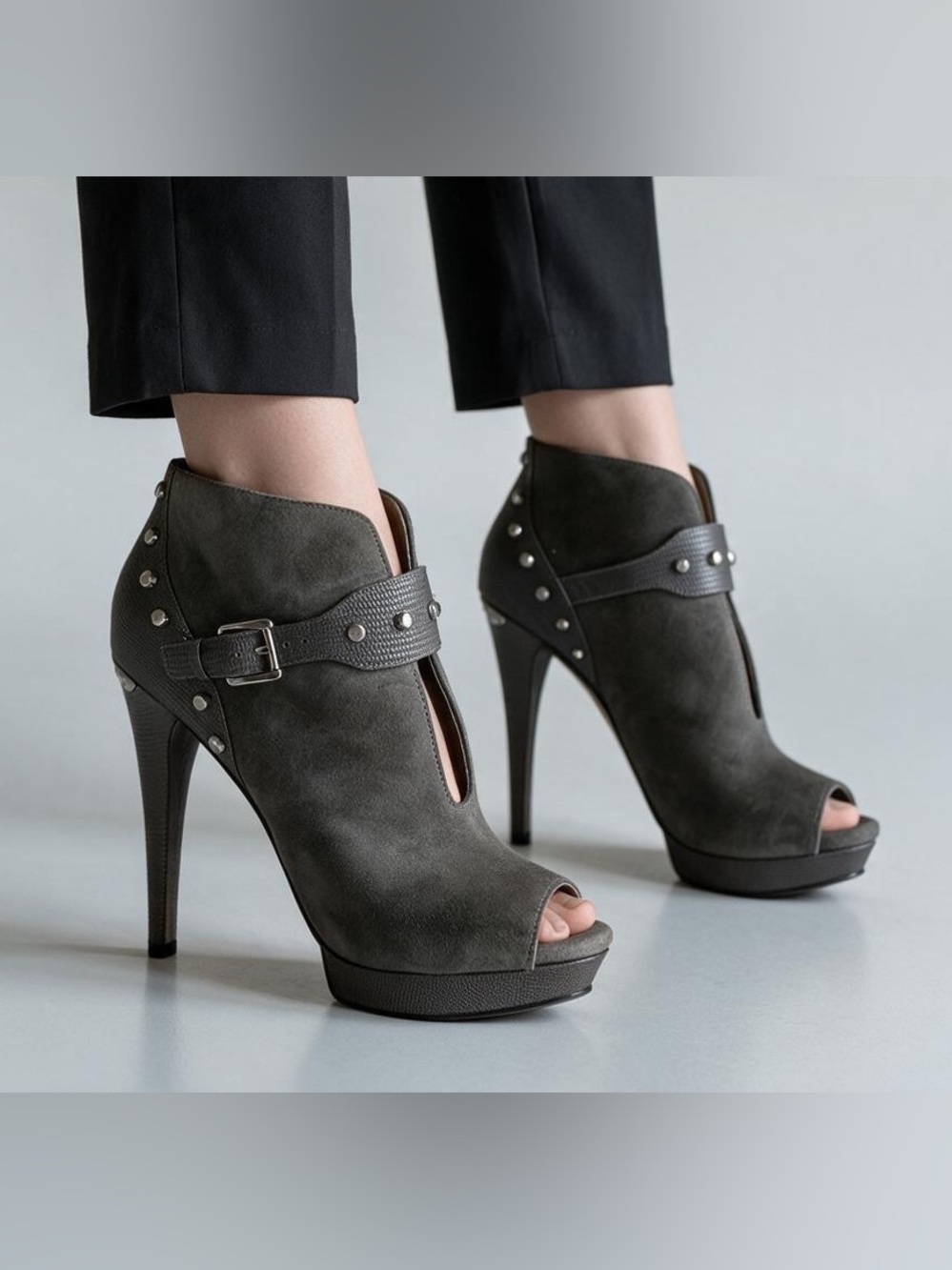 Michael Kors Gray Suede Peep-Toe High Heel Ankle Boots